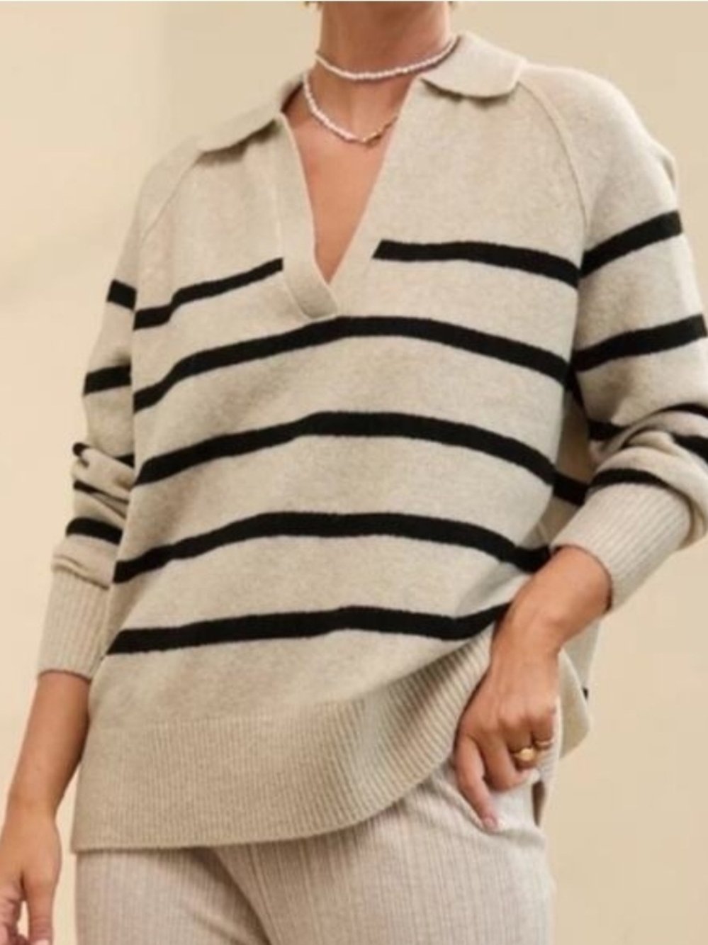 aerie Beige Sweater with Black Stripes V-Neck Collar